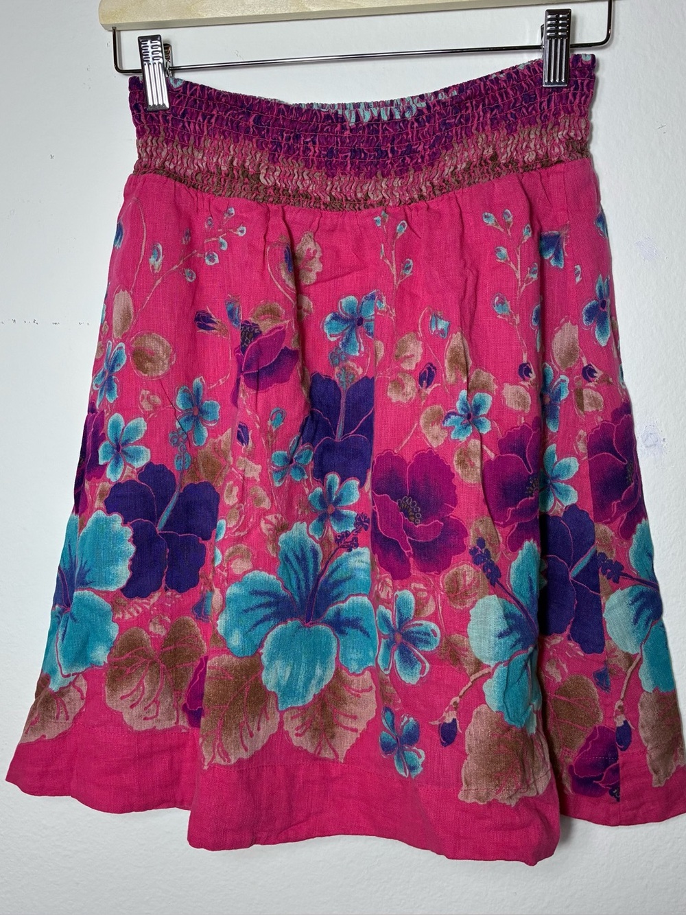 Free People Pink‎ Floral Linen Blend Smocked Waist Midi Skirt Boho Small
